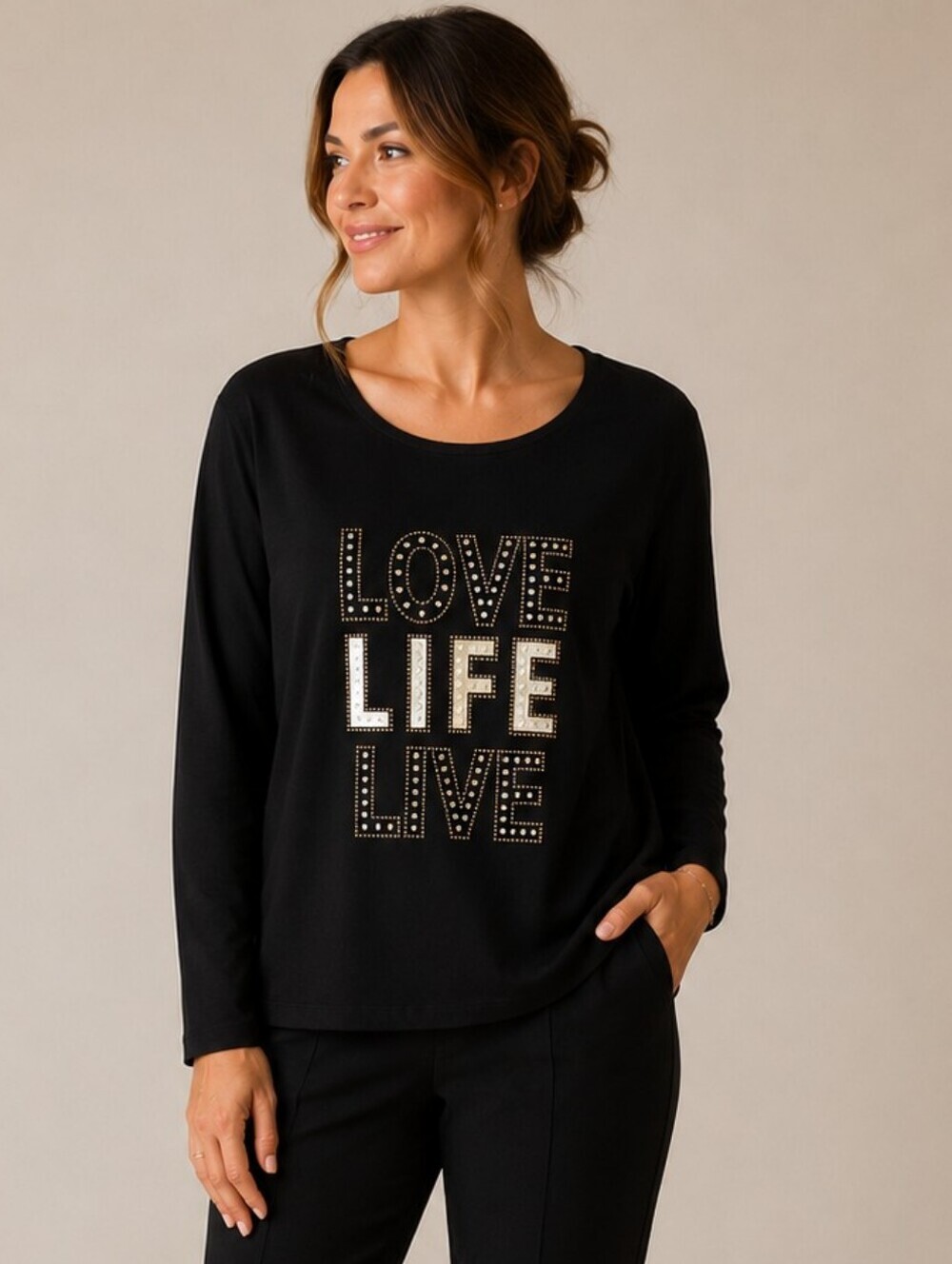 Tricotto (119$) | 'LOVE LIFE LIVE' Studded Long Sleeve Top, Ptp 21 1/2" To 27"